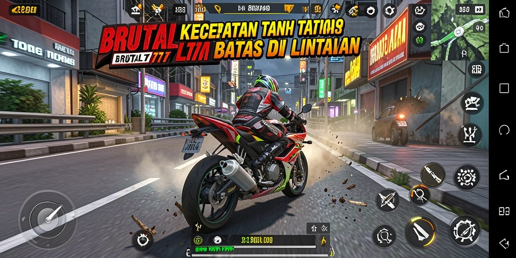 Gameplay seru BRUTAL77 dengan balapan motor yang mendebarkan.