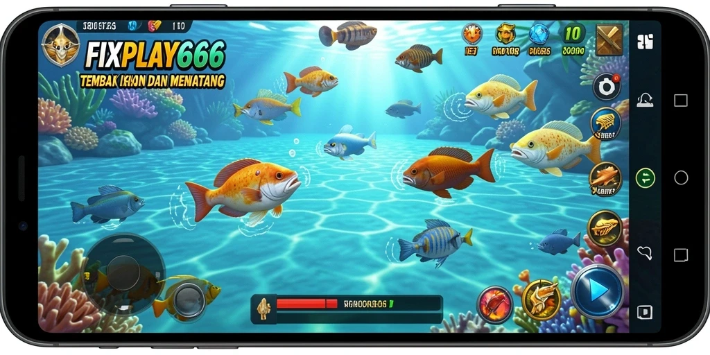 Tangkapan layar FIXPLAY666 menampilkan berbagai ikan berwarna di gameplay yang intens.